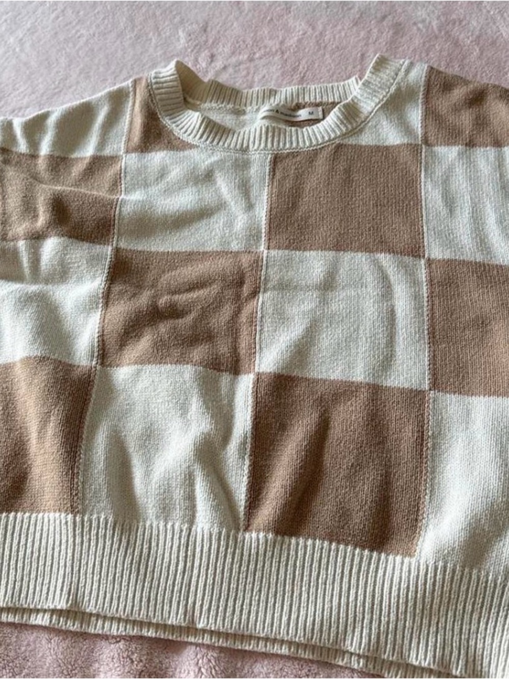 Men's Checkerboard Crewneck Sweater in Cream and Tan